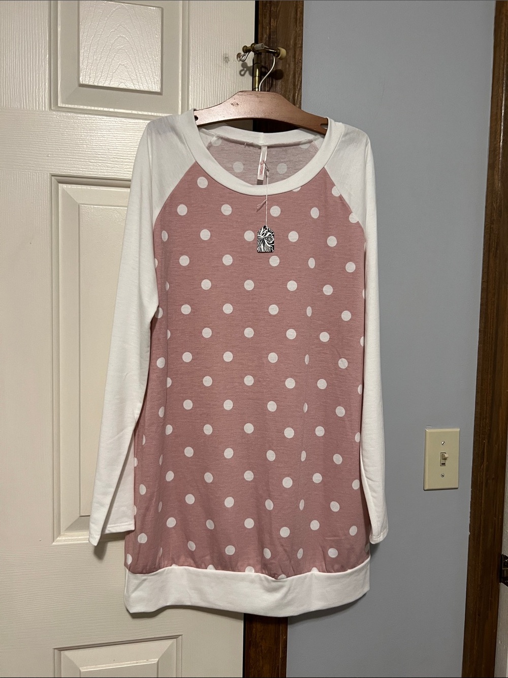 Polka Dot Raglan Long Sleeve Top - Pink & White